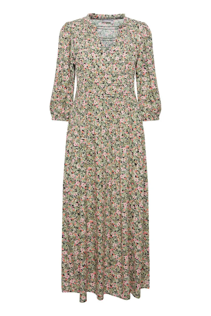 1904- Pink Floral Print V-Neck Midi Dress- Fransa