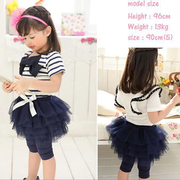 2 Pieces Kid Girls Clothes Set Stripe Bow Top T-shirtTutu Skirt Leggings Culottes Outfit Clothing Sets SM6