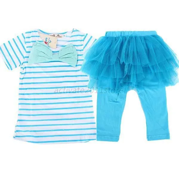 2 Pieces Kid Girls Clothes Set Stripe Bow Top T-shirtTutu Skirt Leggings Culottes Outfit Clothing Sets SM6