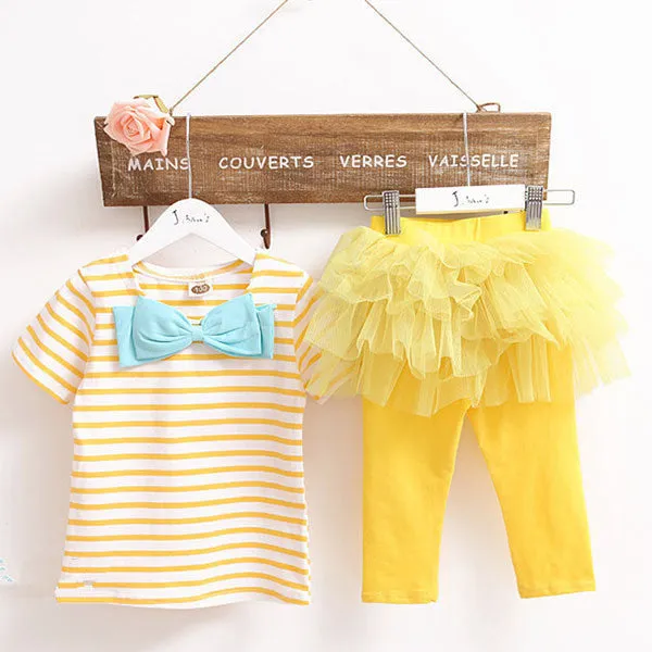 2 Pieces Kid Girls Clothes Set Stripe Bow Top T-shirtTutu Skirt Leggings Culottes Outfit Clothing Sets SM6