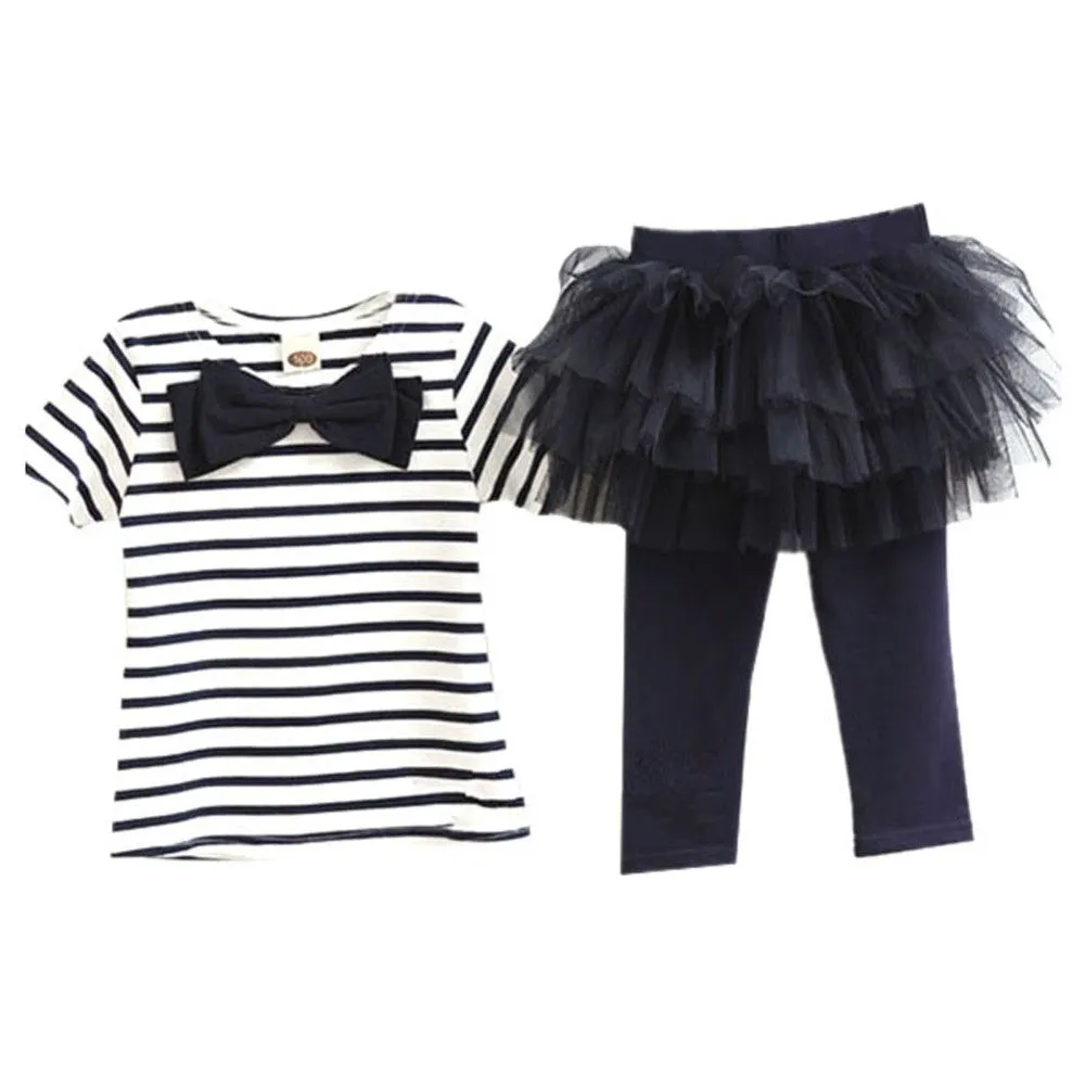 2 Pieces Kid Girls Clothes Set Stripe Bow Top T-shirtTutu Skirt Leggings Culottes Outfit Clothing Sets SM6