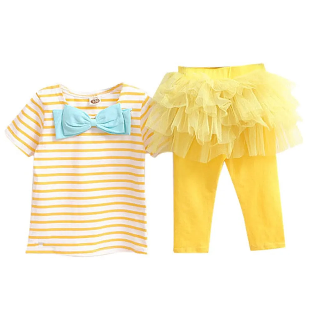 2 Pieces Kid Girls Clothes Set Stripe Bow Top T-shirtTutu Skirt Leggings Culottes Outfit Clothing Sets SM6