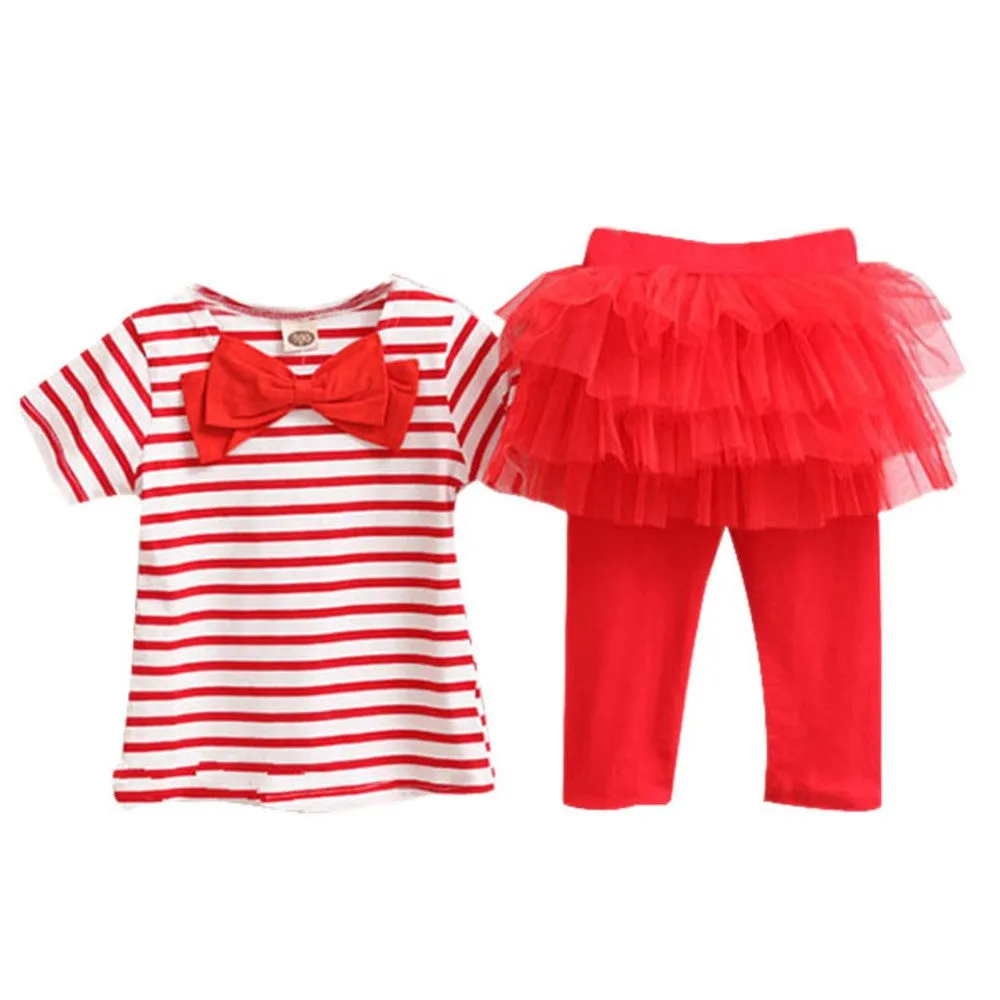 2 Pieces Kid Girls Clothes Set Stripe Bow Top T-shirtTutu Skirt Leggings Culottes Outfit Clothing Sets SM6