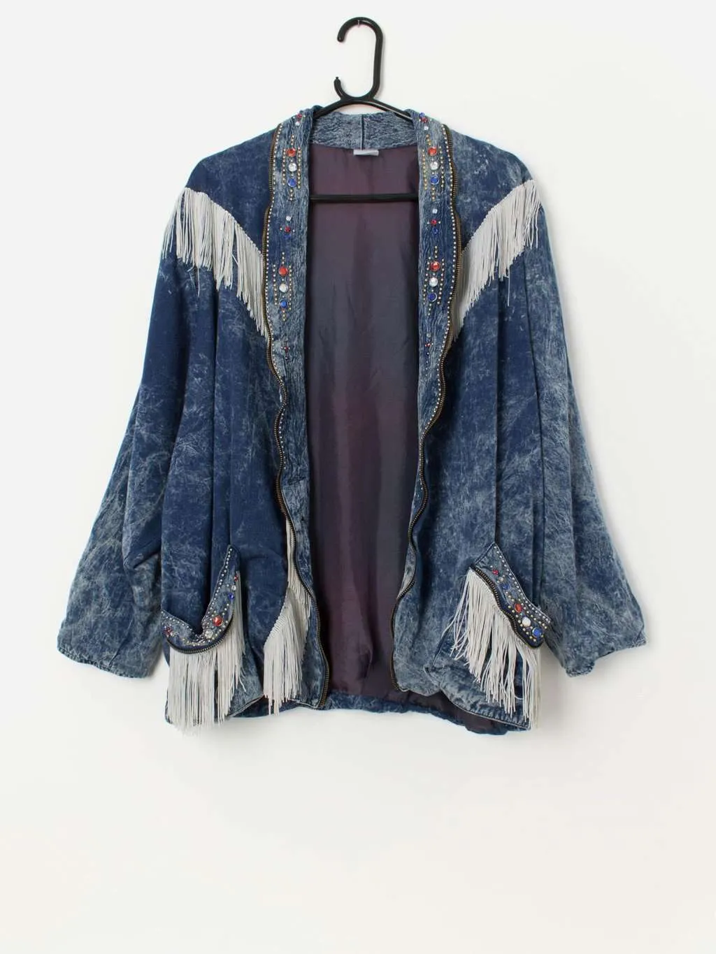 80s vintage studded and fringed denim jacket, oversized – Large