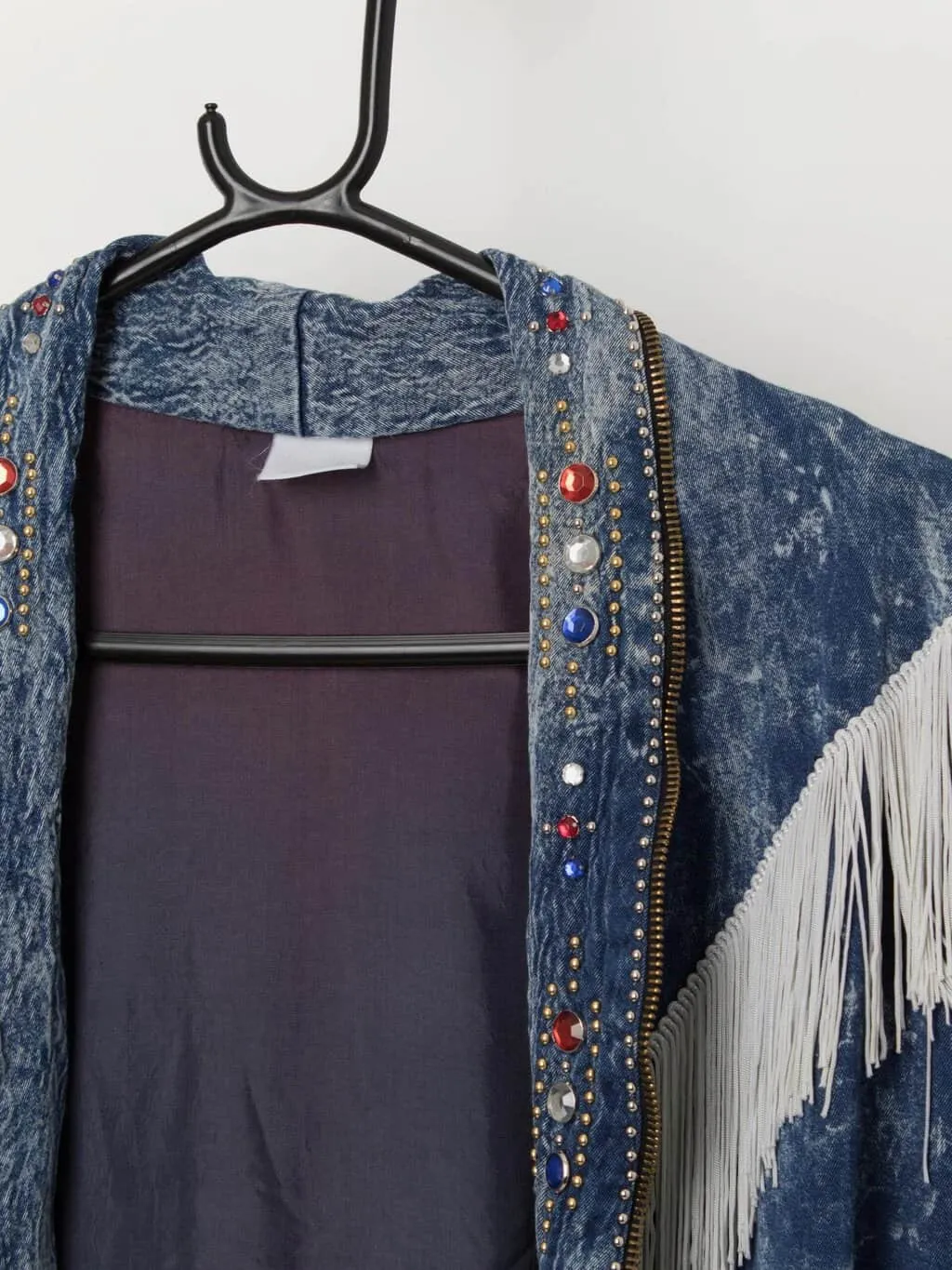 80s vintage studded and fringed denim jacket, oversized – Large