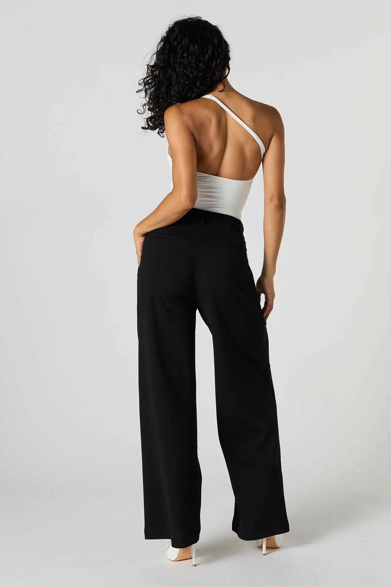 Asymmetrical V-Waist Wide Leg Dress Pant