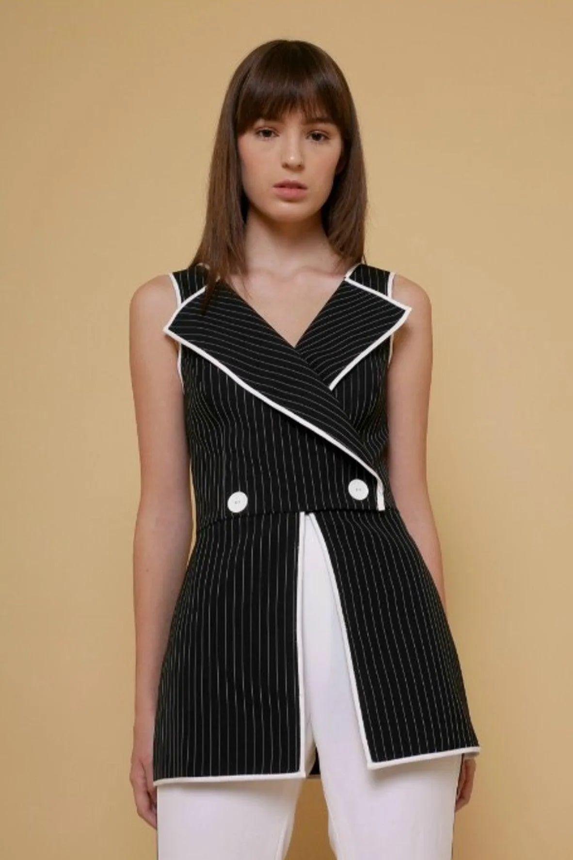 Black Stripe Vest With Button