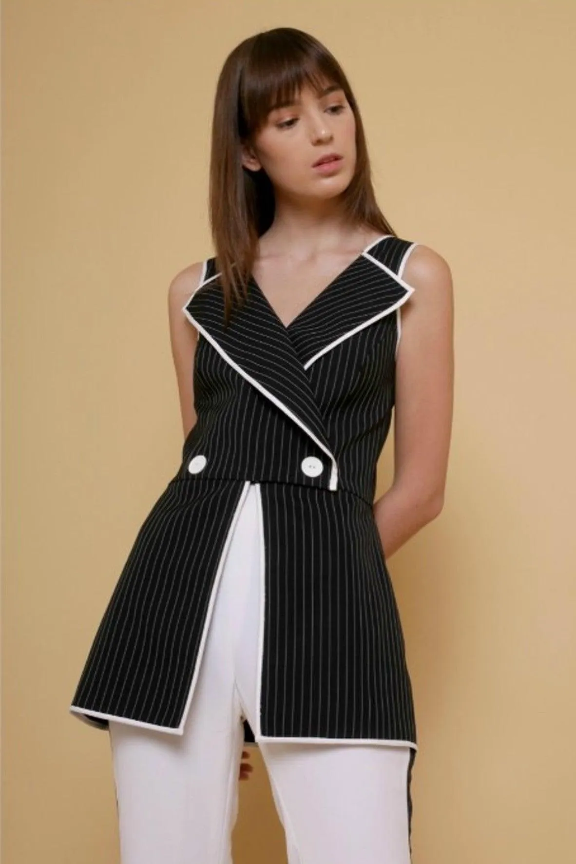 Black Stripe Vest With Button