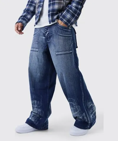 boohooMAN Mens Baggy Fit Paint Effect Jeans