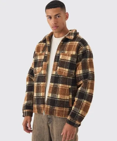 boohooMAN Mens Borg Plaid Harrington Jacket In Brown