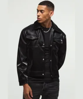 boohooMAN Mens High Shine Pu Harrington Jacket In Black