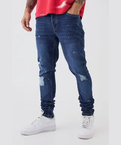 boohooMAN Mens Skinny Stretch Stacked Distressed Paint Splatter Denim Jeans