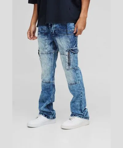 boohooMAN Mens Slim Flared Acid Wash Panel Cargo Jeans