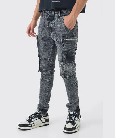 boohooMAN Mens Super Skinny Stretch Black Acid Wash Cargo Jeans