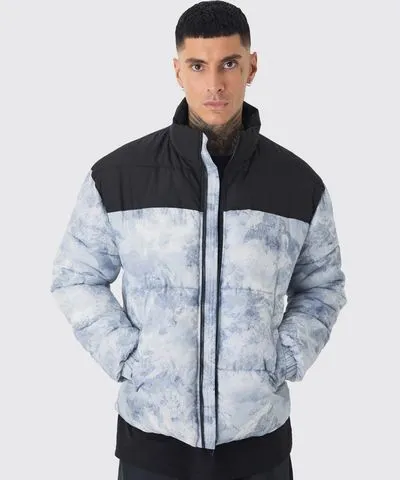 boohooMAN Mens Tall Colour Block Printed Funnel Neck Puffer Jacket In Grey