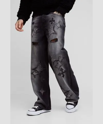 boohooMAN Mens Tall Distressed Applique Baggy Fit Jeans