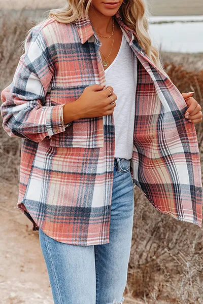 Casual Plaid Buckle Turndown Collar Outerwear