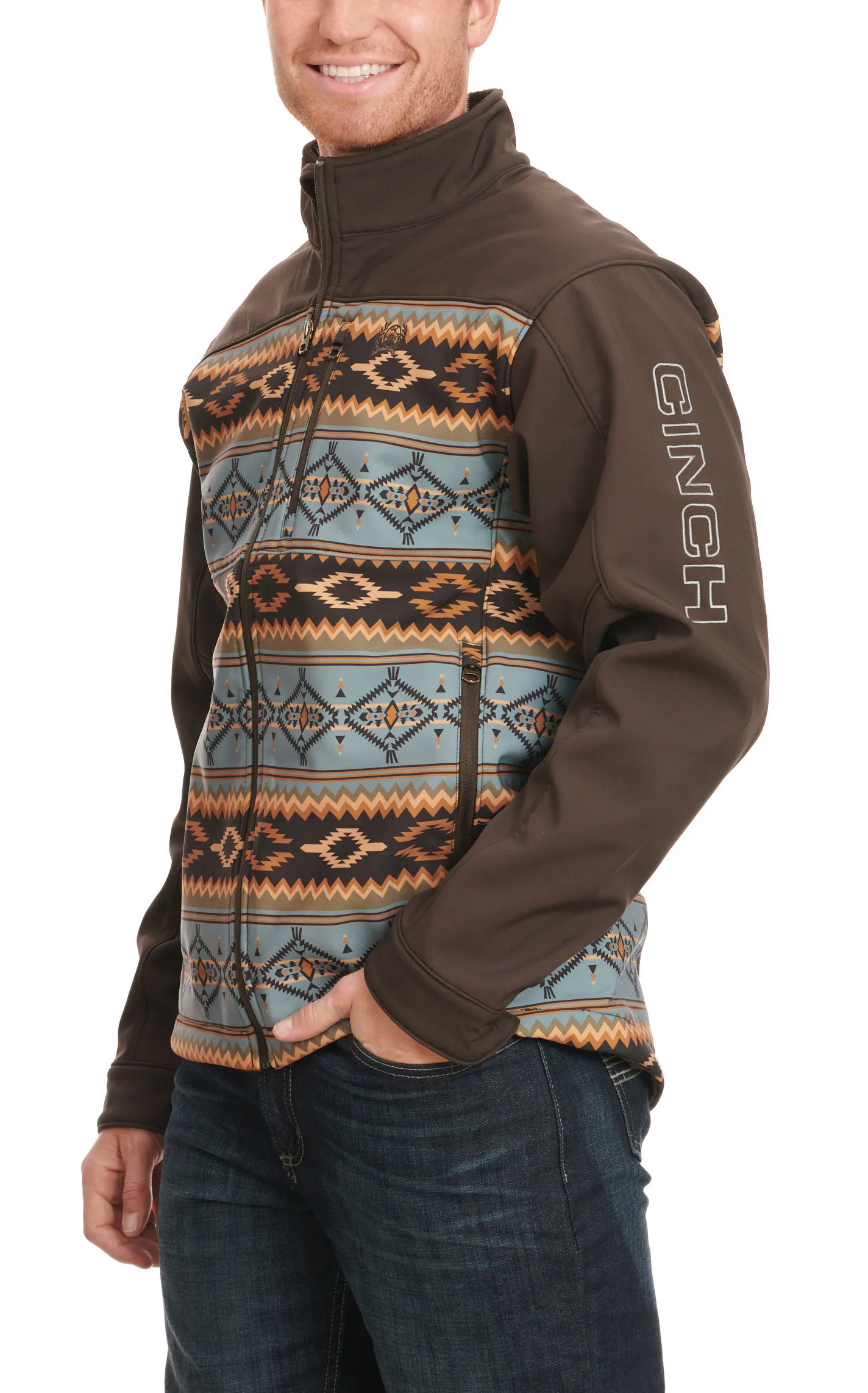 Cinch Men's Chocolate & Golden Steel Blue Aztec Print Long Sleeve Bonded Jacket