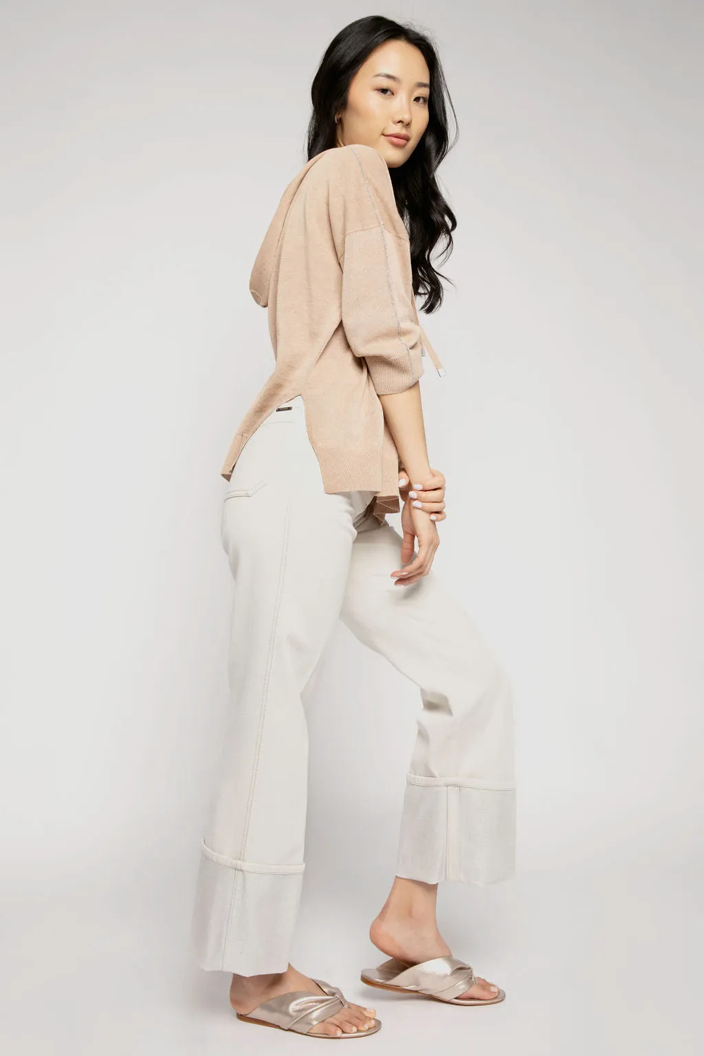 Cotton Pant with Lurex Cuffs in Parchment