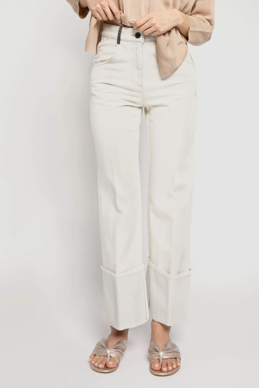 Cotton Pant with Lurex Cuffs in Parchment