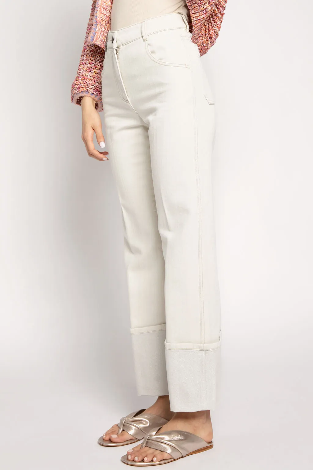 Cotton Pant with Lurex Cuffs in Parchment