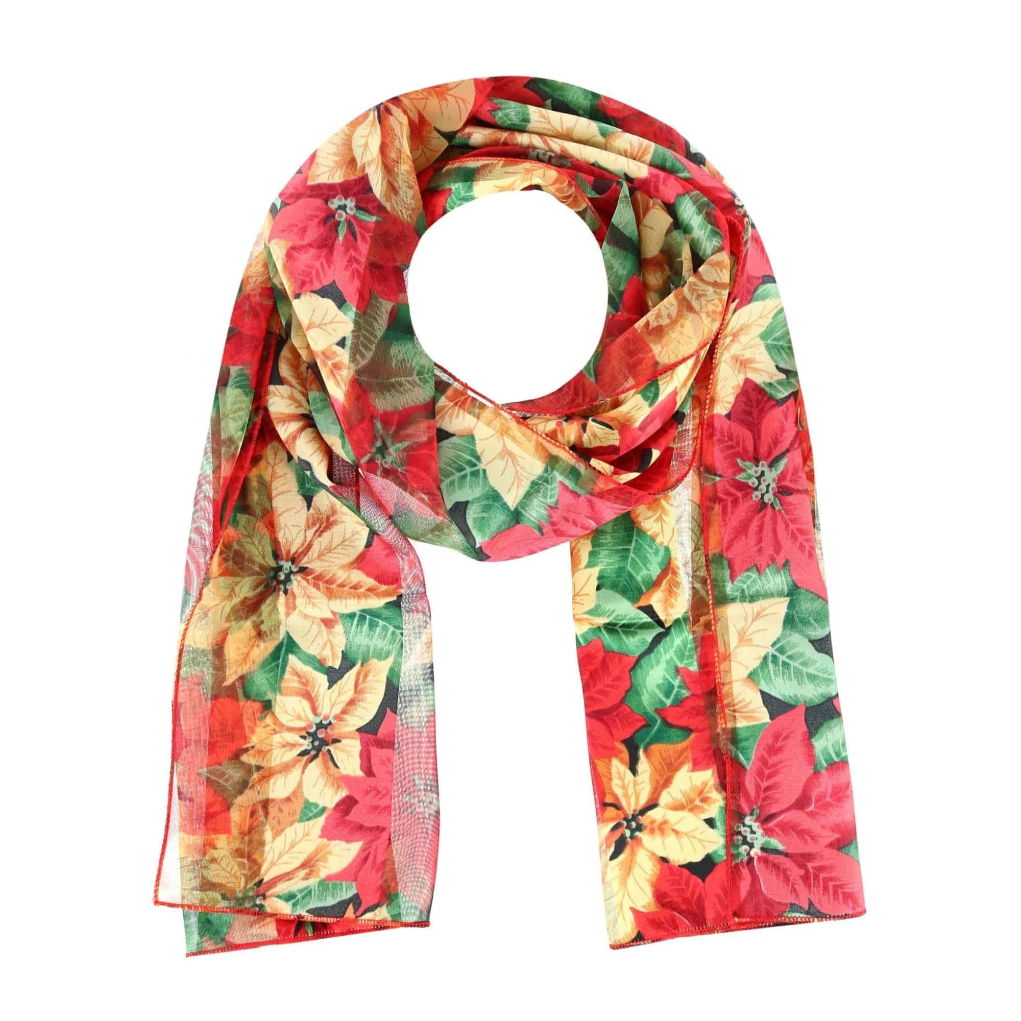 CTM Women's Holiday Poinsettia Print Lightweight Scarf