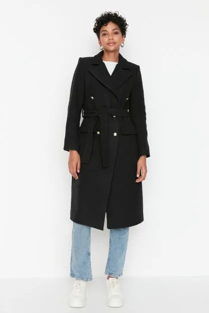 Fitted Belted Buttoned Long Coat