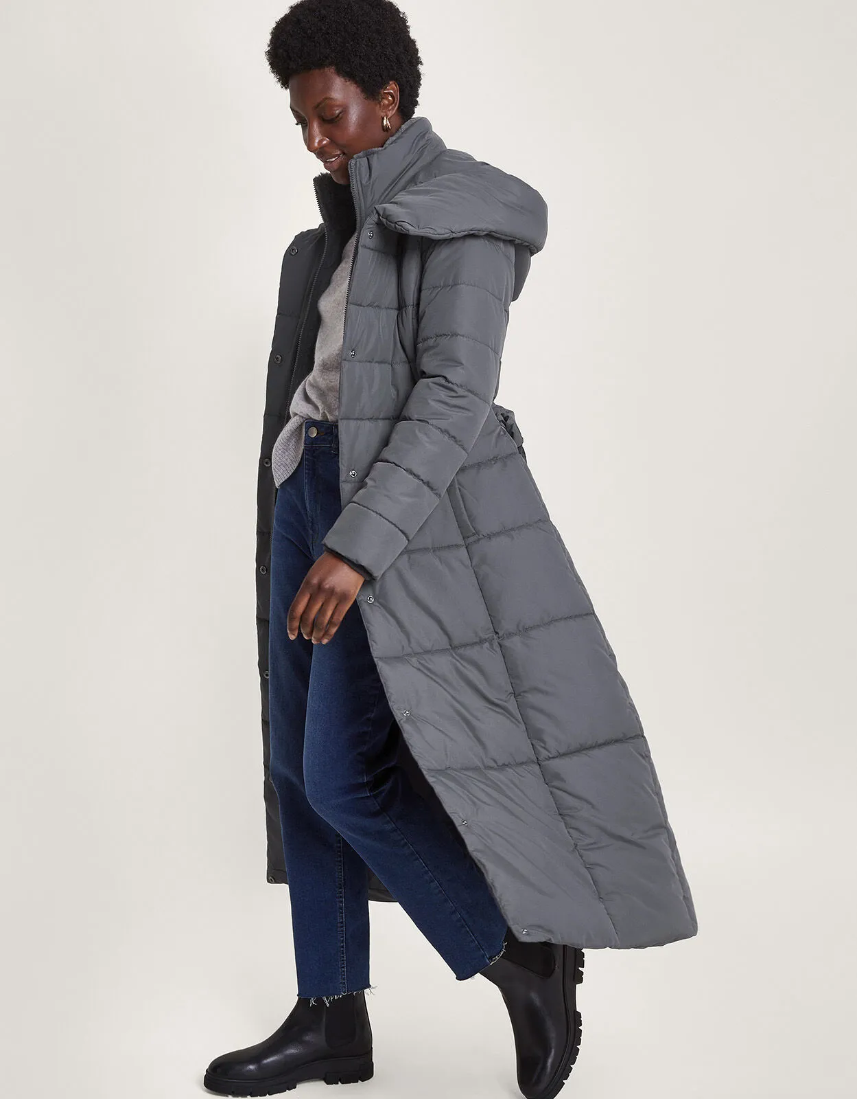 Flossy Funnel Hood Maxi Padded Coat Grey