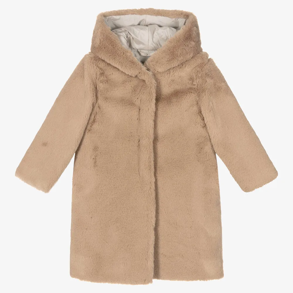 Girls Beige Faux Fur Coat