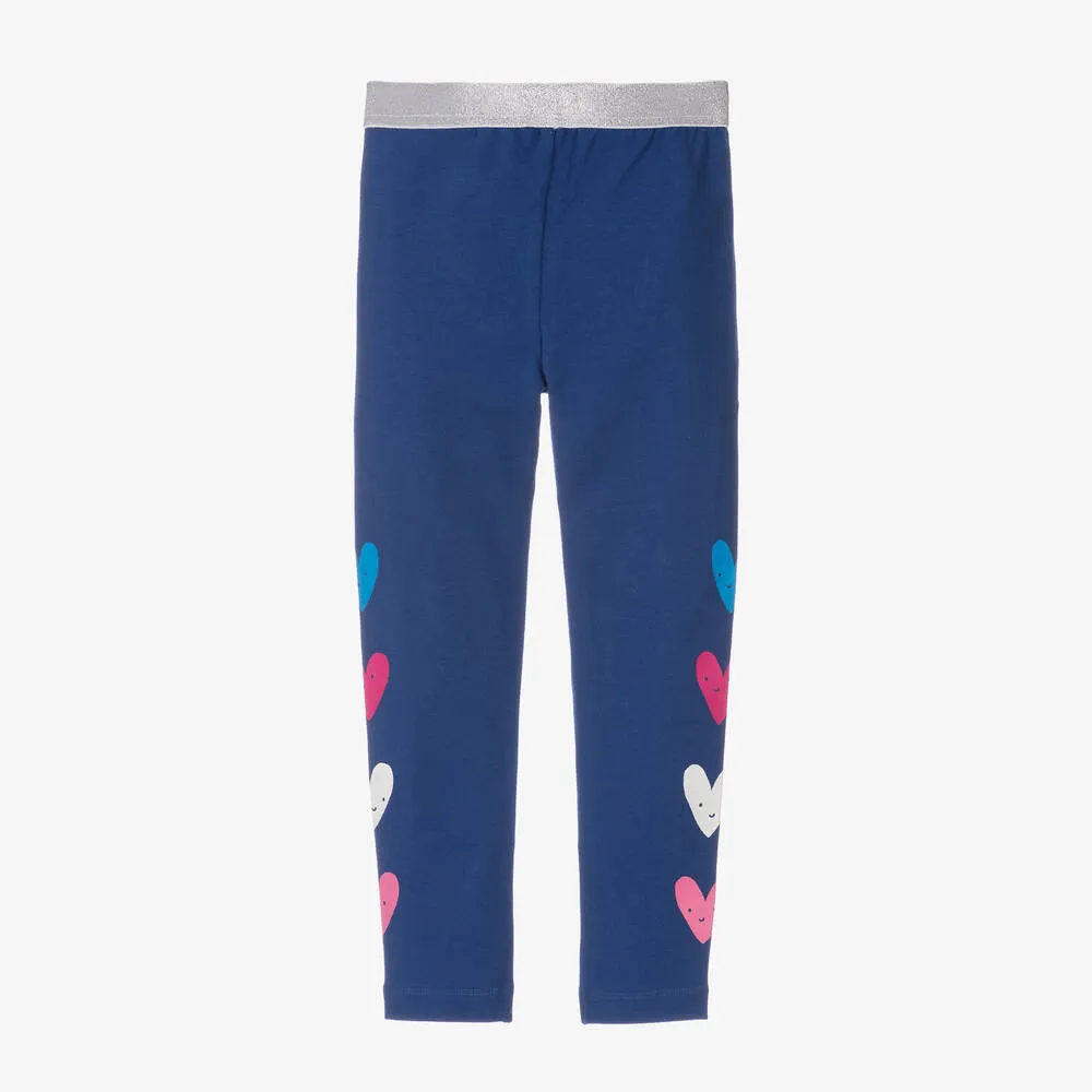 Girls Blue Cotton Heart Leggings