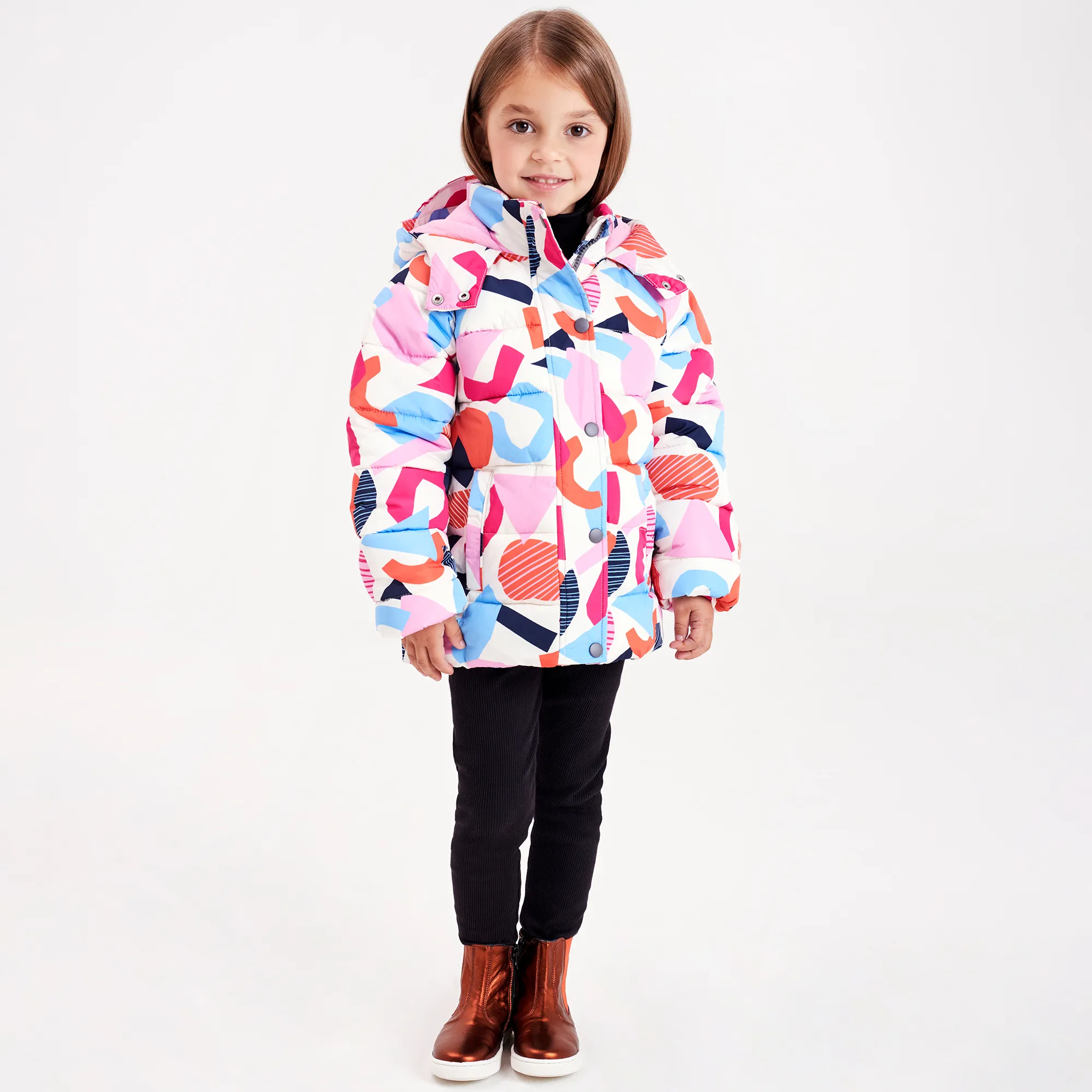 Girls Ivory & Pink Showerproof Puffer Coat