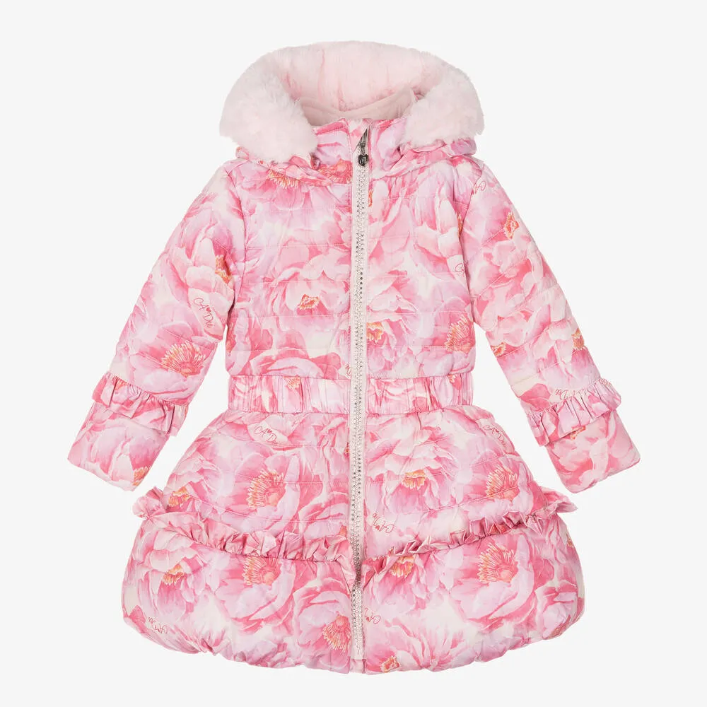 Girls Pink Floral Puffer Coat