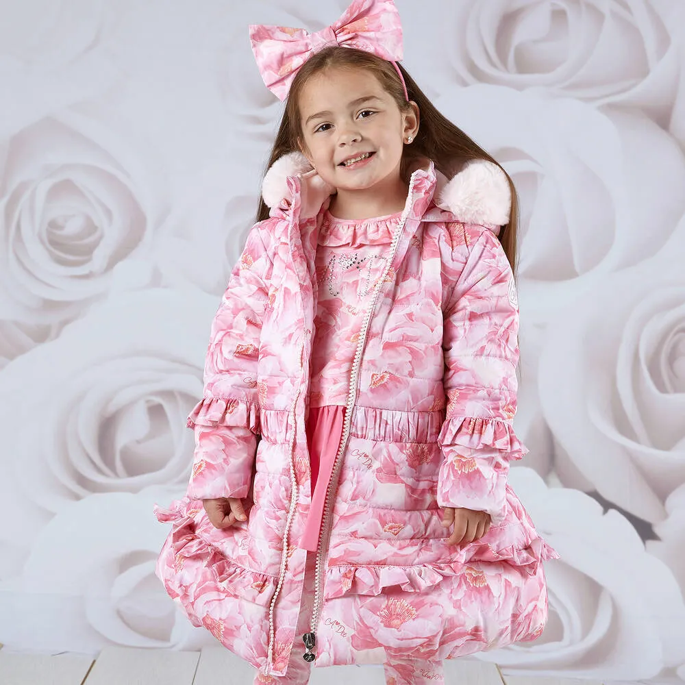 Girls Pink Floral Puffer Coat