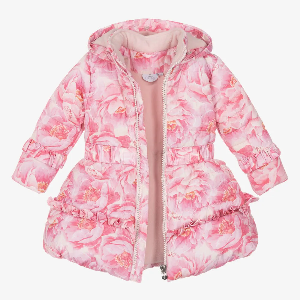 Girls Pink Floral Puffer Coat