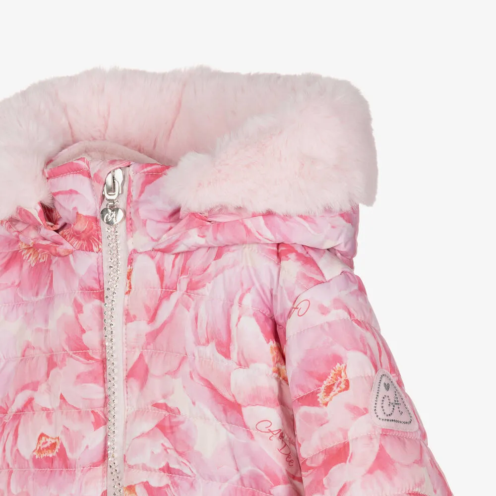 Girls Pink Floral Puffer Coat