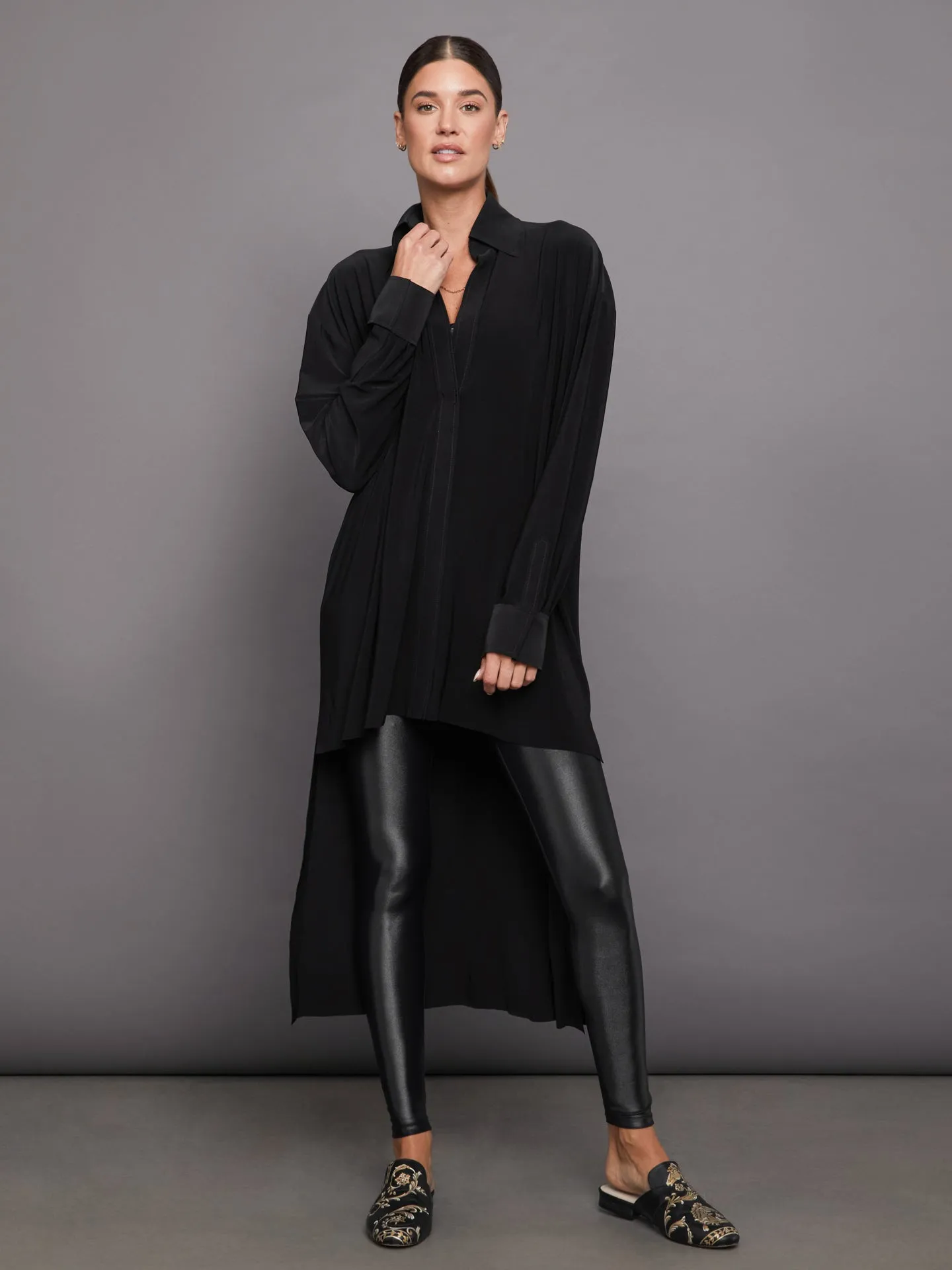 HI Low Oversized Boyfriend NK Shirt with Collar St - Black