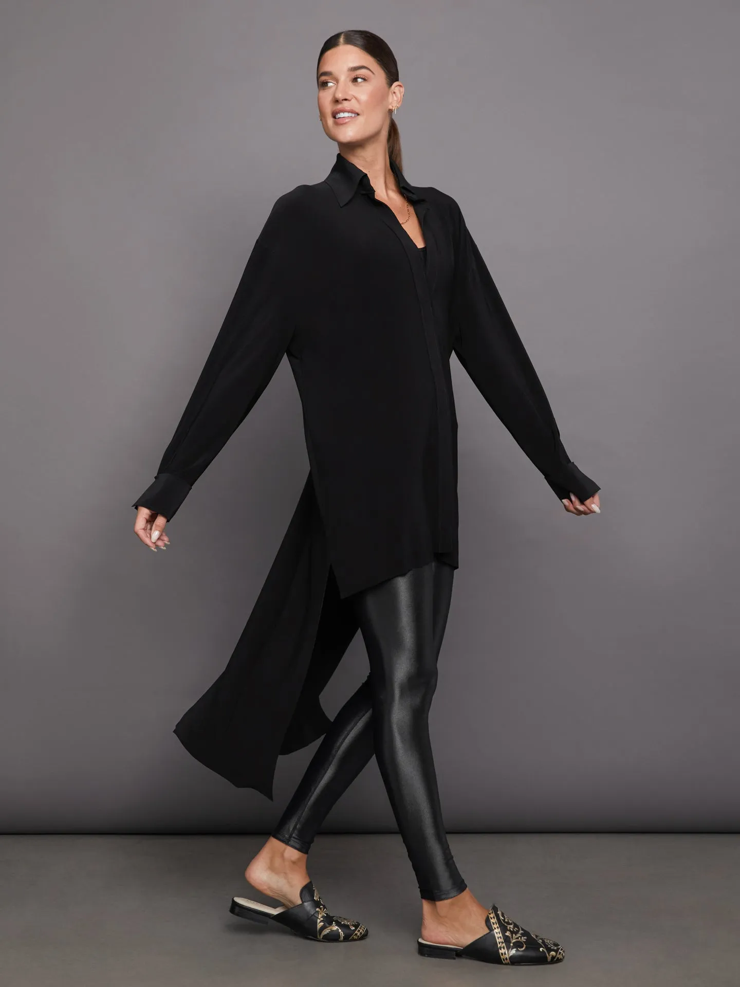 HI Low Oversized Boyfriend NK Shirt with Collar St - Black