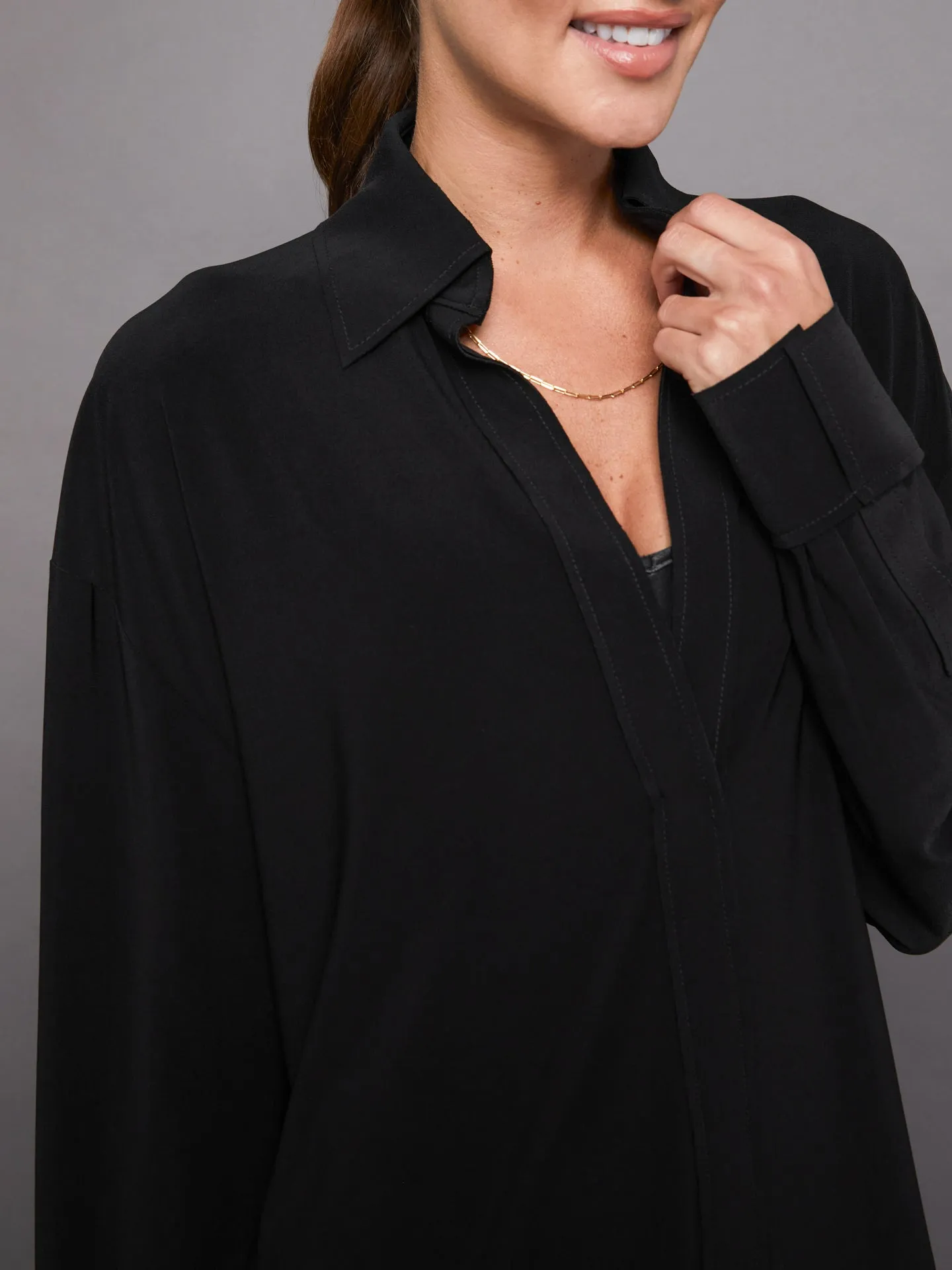 HI Low Oversized Boyfriend NK Shirt with Collar St - Black