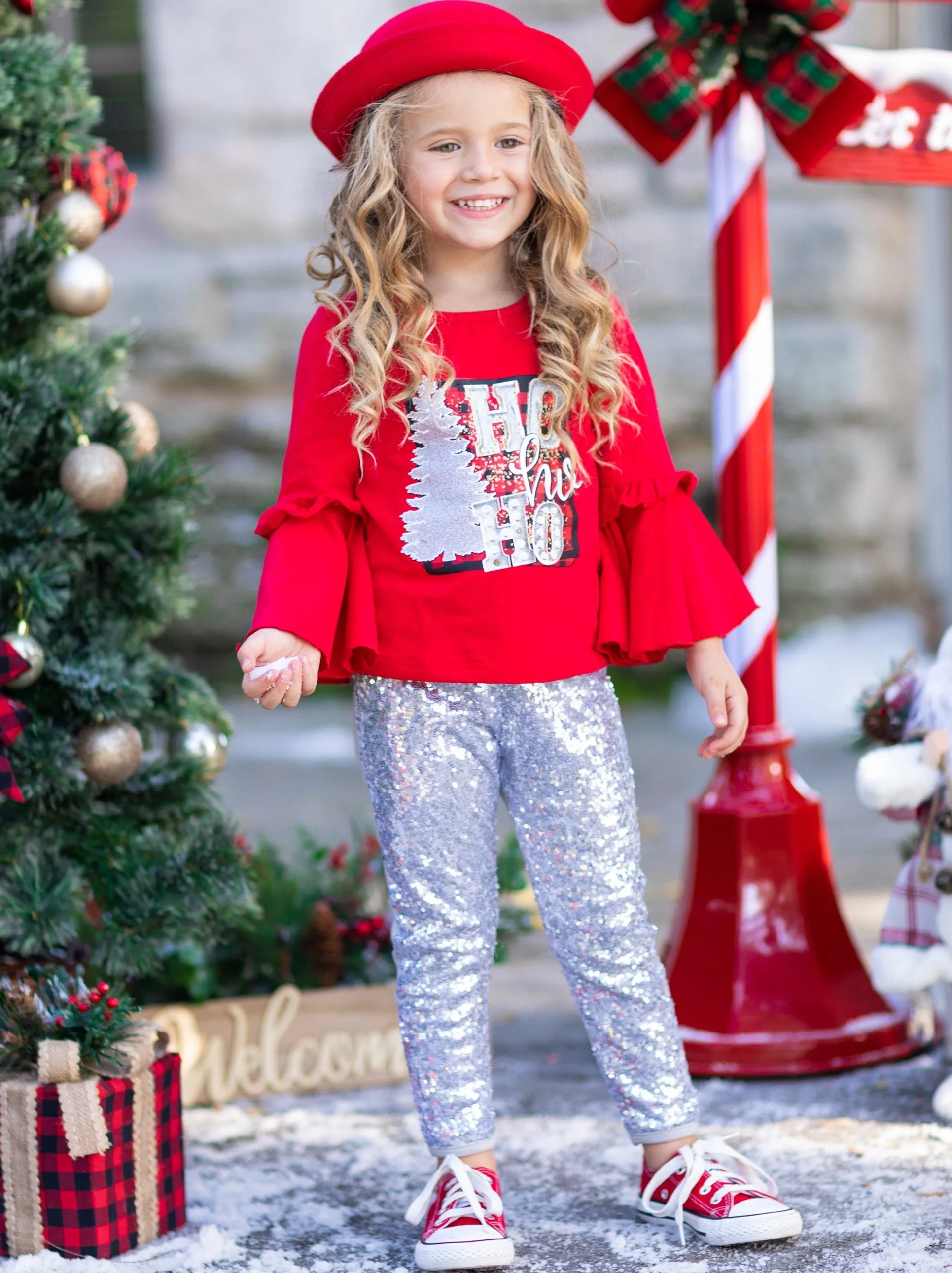 Ho Ho Ho Bell Sleeve Top and Sequin Legging Set