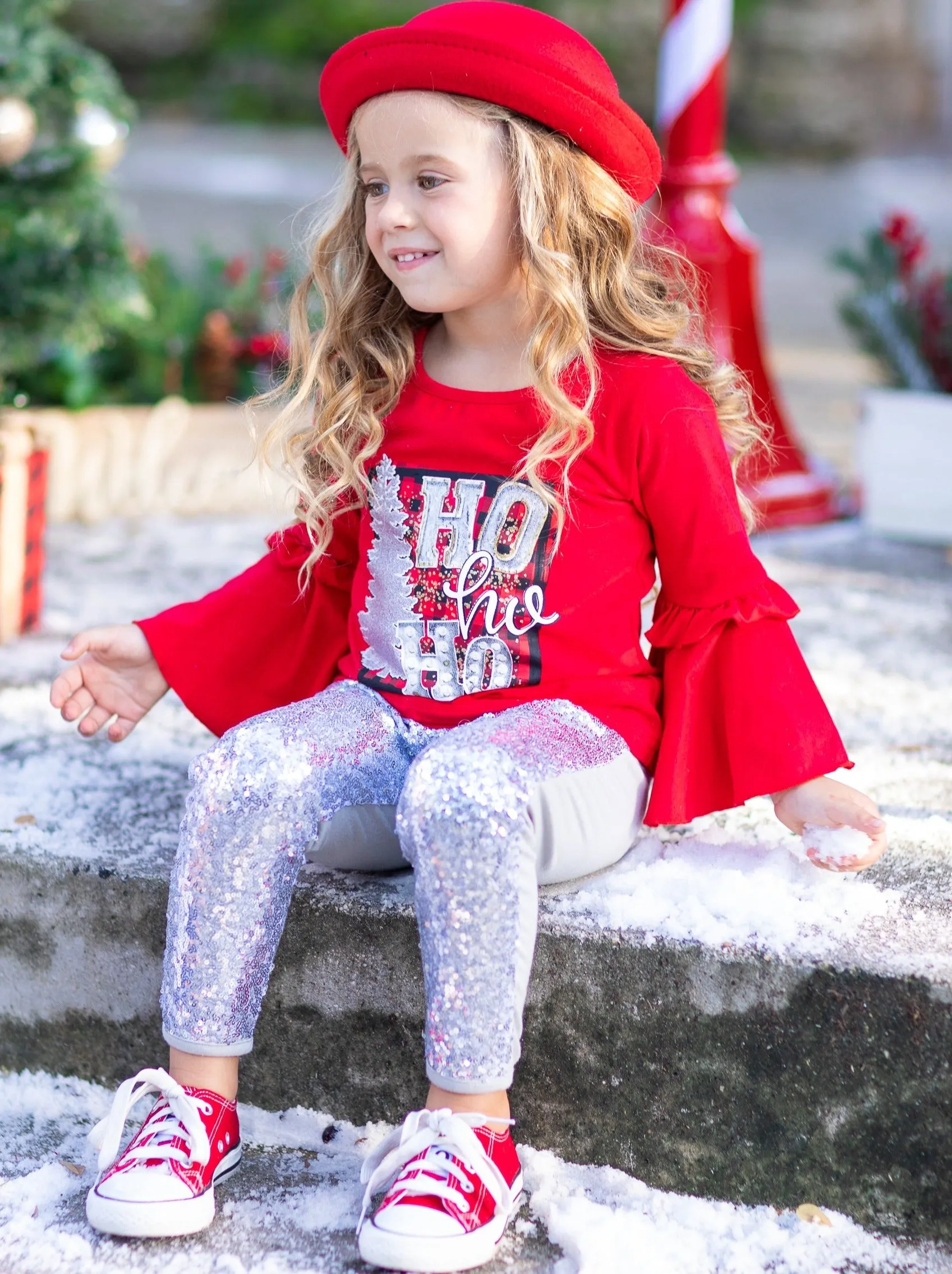 Ho Ho Ho Bell Sleeve Top and Sequin Legging Set