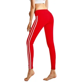 Leggings For Women Side White Strip Casual Mid Waist Elastic Ankle Length Fitness Push Up Leggings Solid Female Leggins