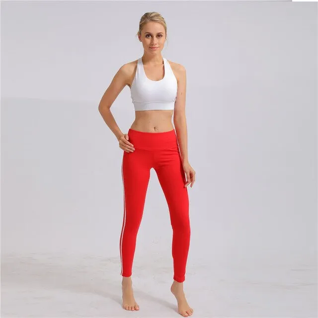 Leggings For Women Side White Strip Casual Mid Waist Elastic Ankle Length Fitness Push Up Leggings Solid Female Leggins