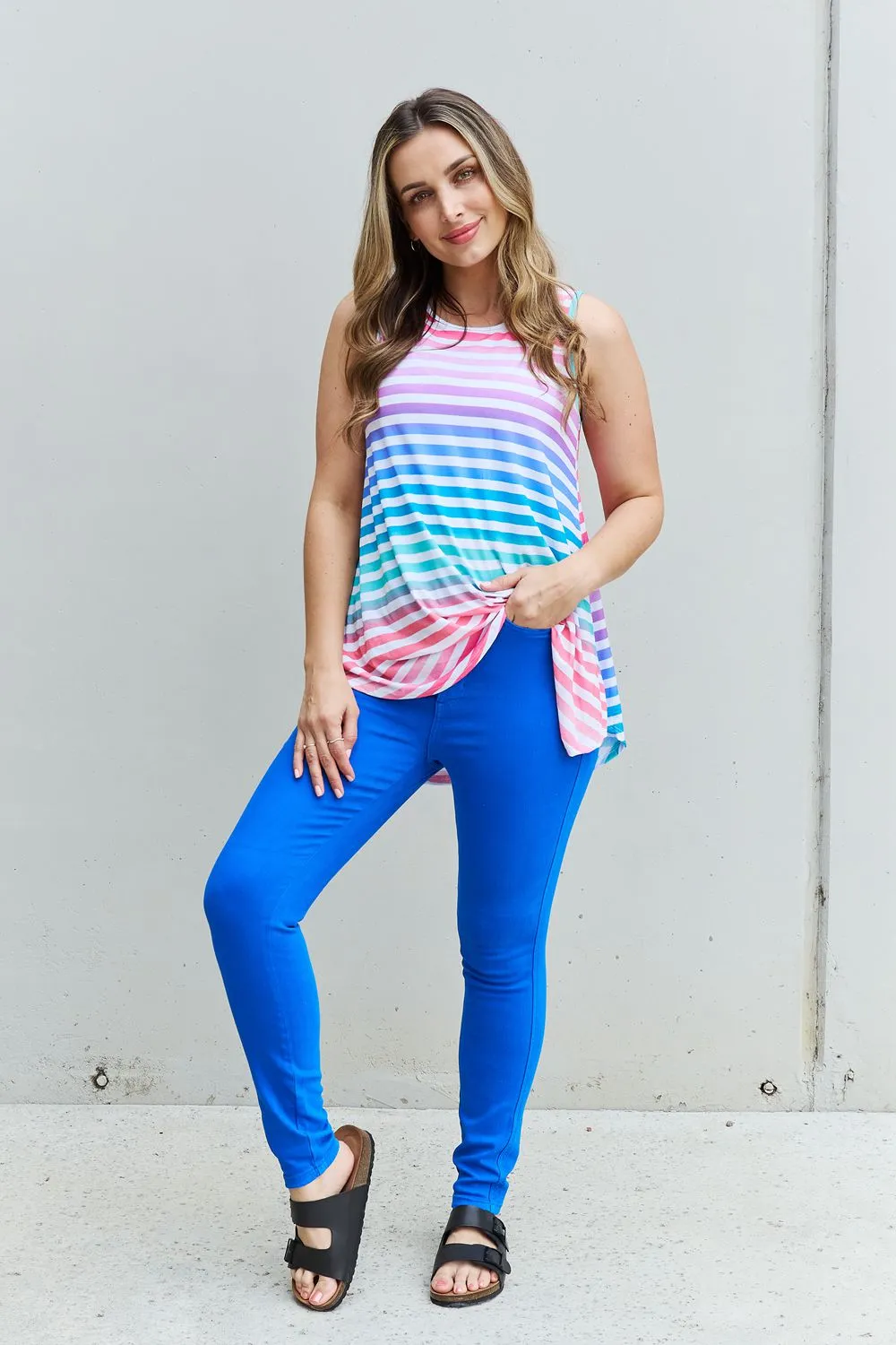 Love Yourself Multicolored Striped Sleeveless Round Neck Top