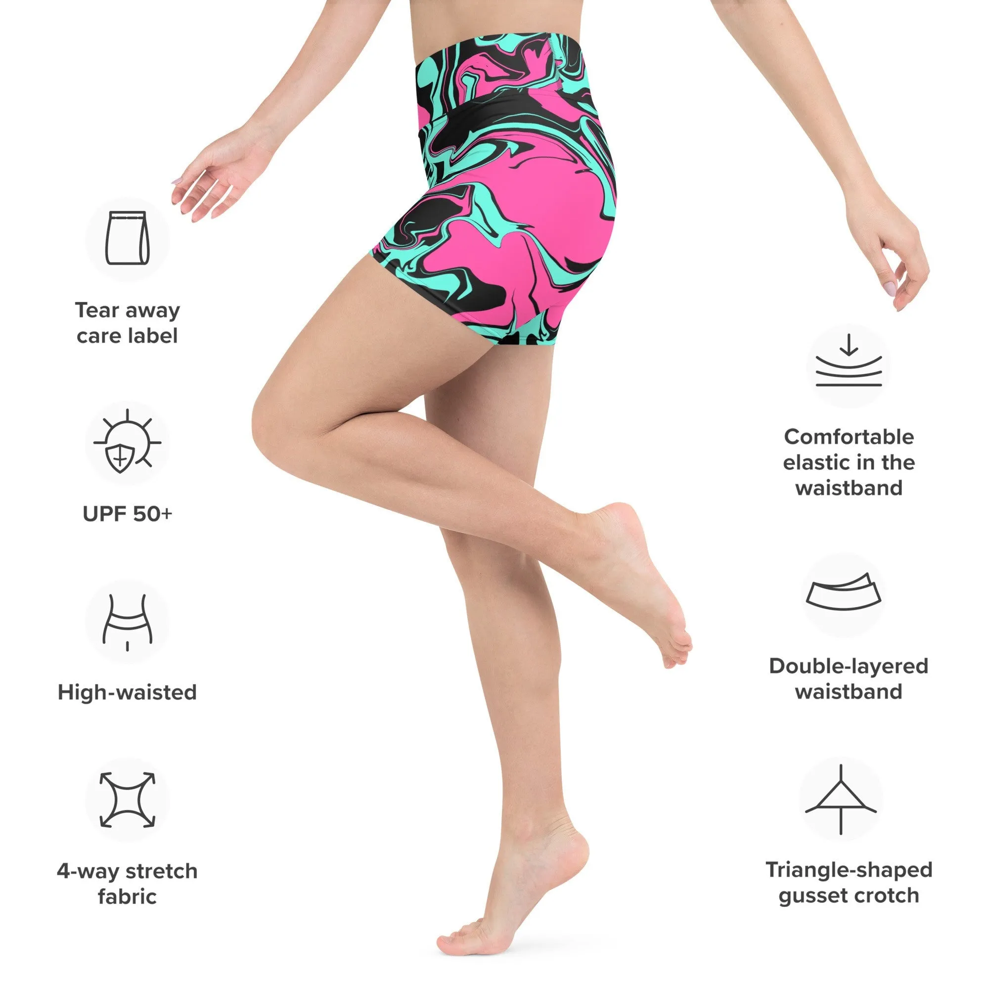 Pink Turquoise and Black Abstract Melt Rave Ready Yoga Shorts w/ Inside Pocket