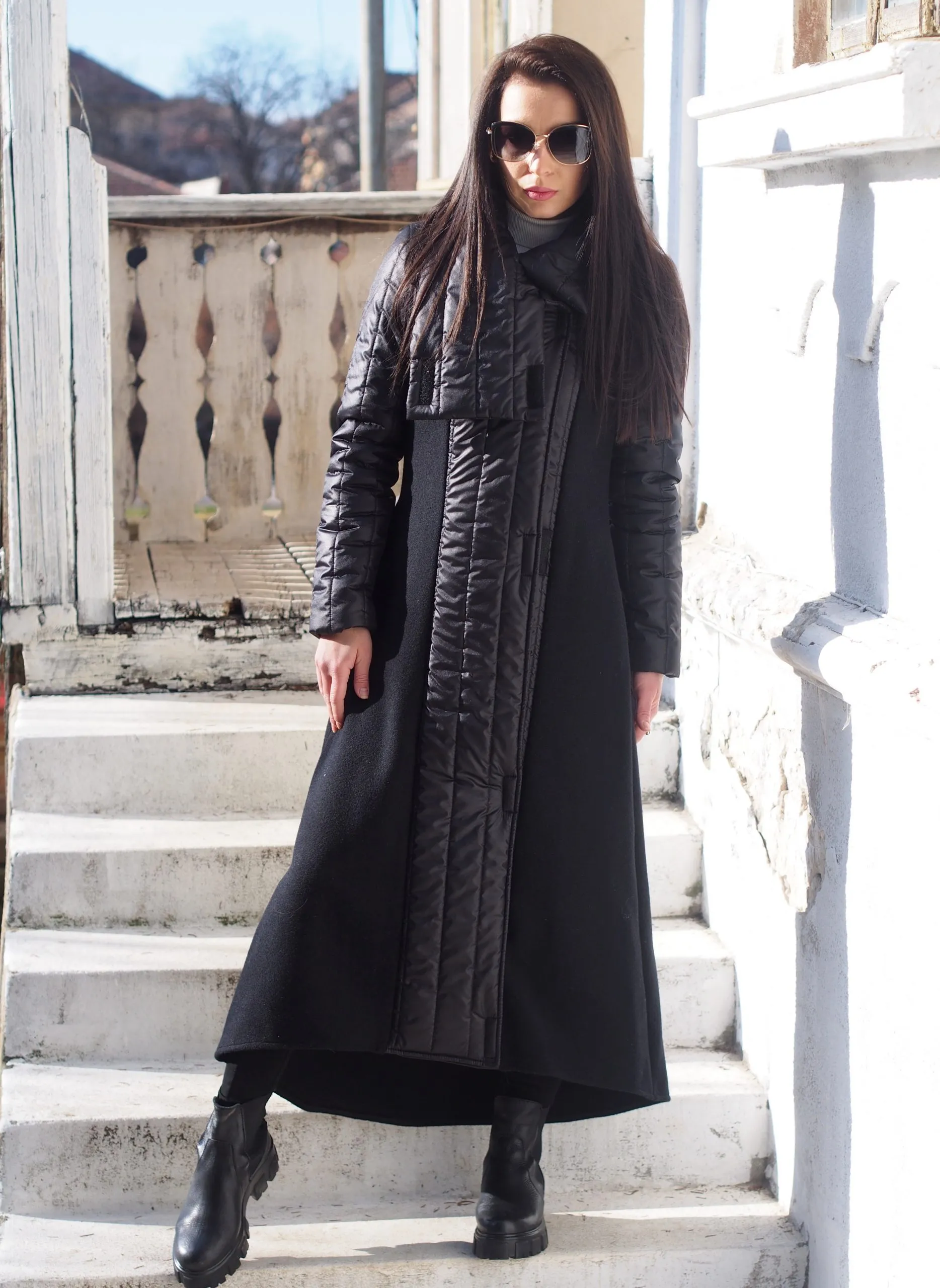 Quilted Asymmetric Coat,Black Wool Quilted coat,Black Wool asymmetric coat,Women wool coat,Women Quilted coat,Black winter jacke