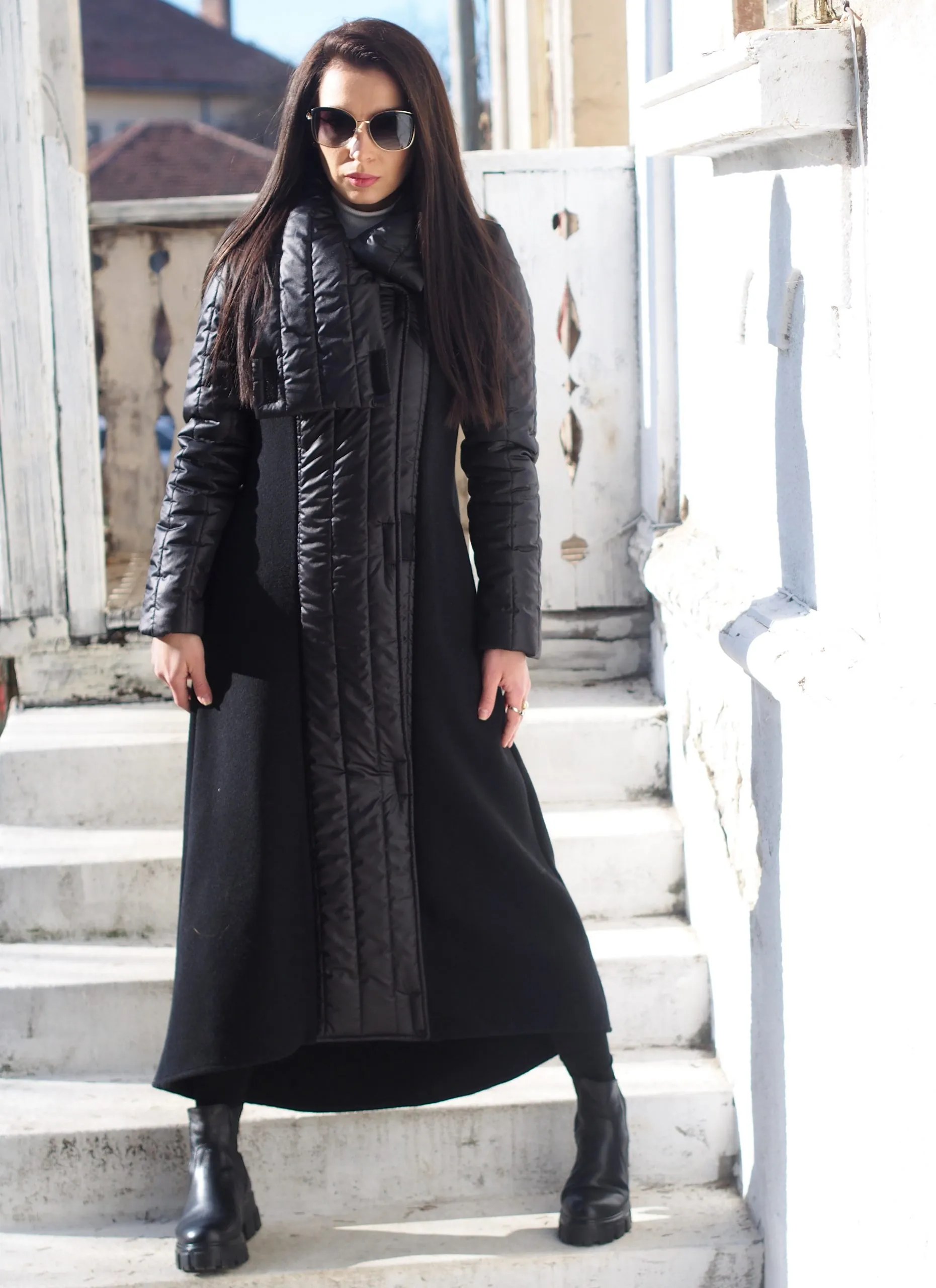 Quilted Asymmetric Coat,Black Wool Quilted coat,Black Wool asymmetric coat,Women wool coat,Women Quilted coat,Black winter jacke