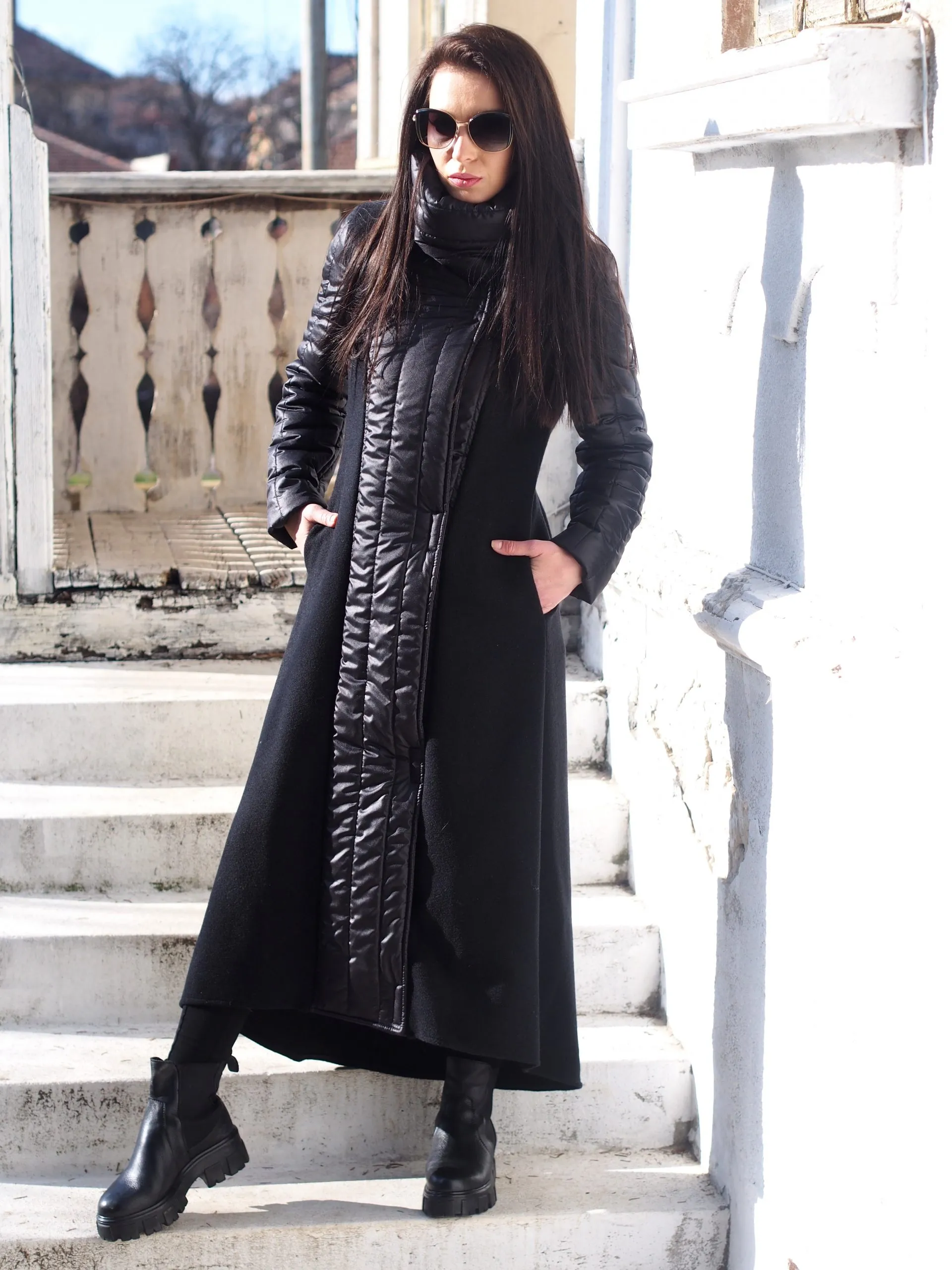 Quilted Asymmetric Coat,Black Wool Quilted coat,Black Wool asymmetric coat,Women wool coat,Women Quilted coat,Black winter jacke