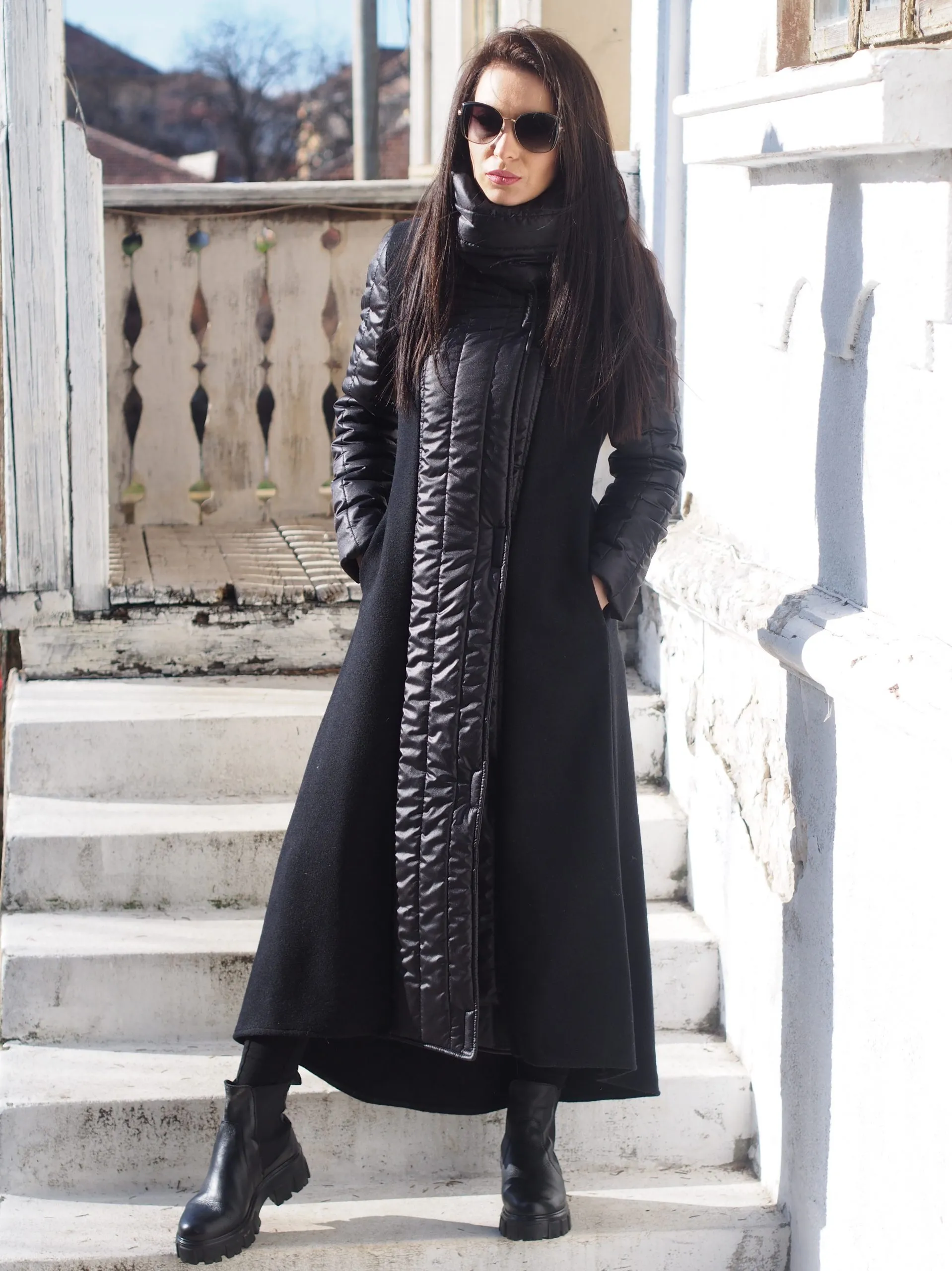 Quilted Asymmetric Coat,Black Wool Quilted coat,Black Wool asymmetric coat,Women wool coat,Women Quilted coat,Black winter jacke