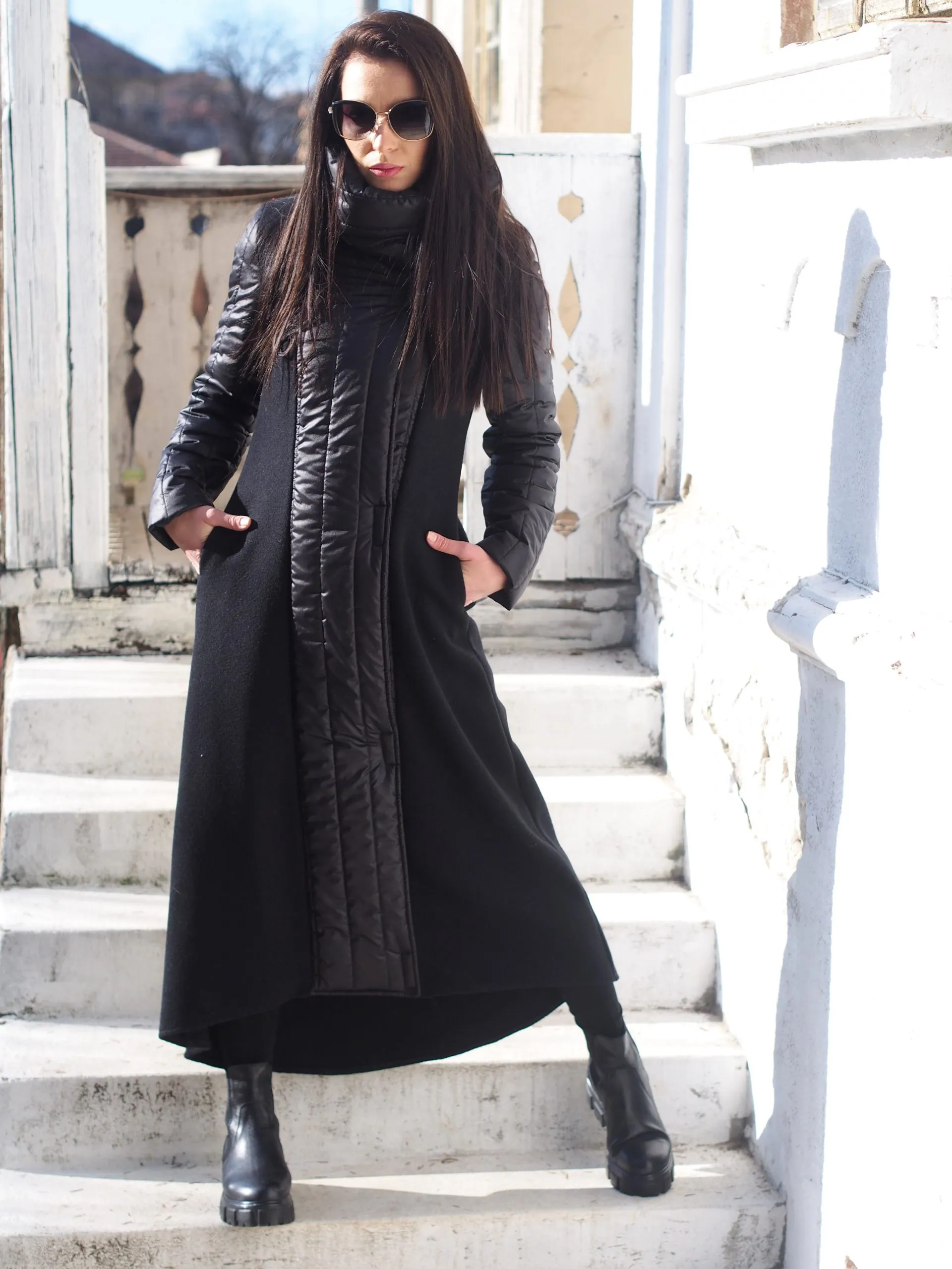 Quilted Asymmetric Coat,Black Wool Quilted coat,Black Wool asymmetric coat,Women wool coat,Women Quilted coat,Black winter jacke