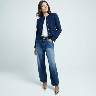 River Island Womens Navy Boucle Crop Trophy Jacket